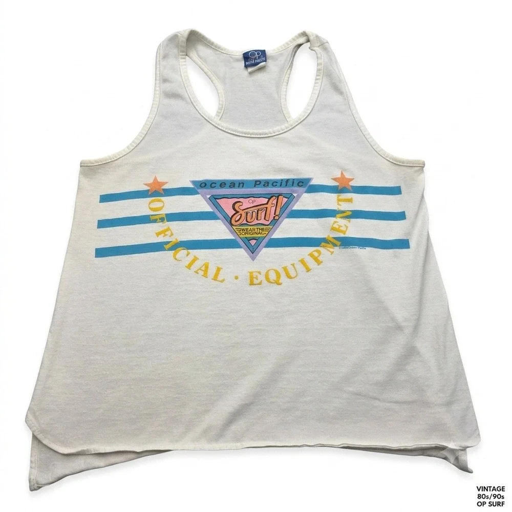 Vintage 80s Ocean Pacific OP Surf Tank Top Shirt Medium White Graphic Made USA - Picture 1 of 7